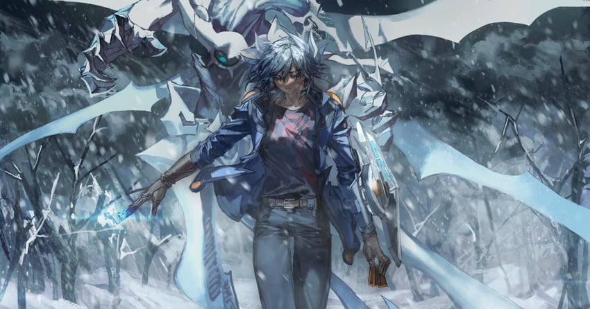 fudo yusei and shooting quasar dragon (yu-gi-oh! and 1 more) drawn by momentcorefly