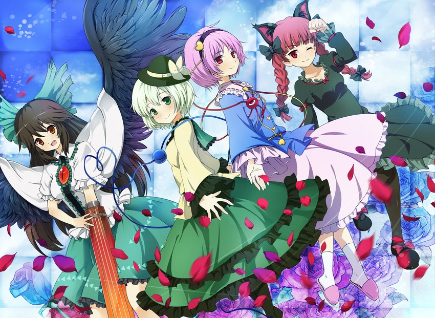 komeiji koishi, komeiji satori, kaenbyou rin, and reiuji utsuho (touhou) drawn by blue_door