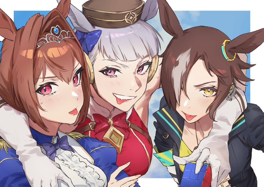 gold ship, daiwa scarlet, and vodka (umamusume) drawn by rabbitioli