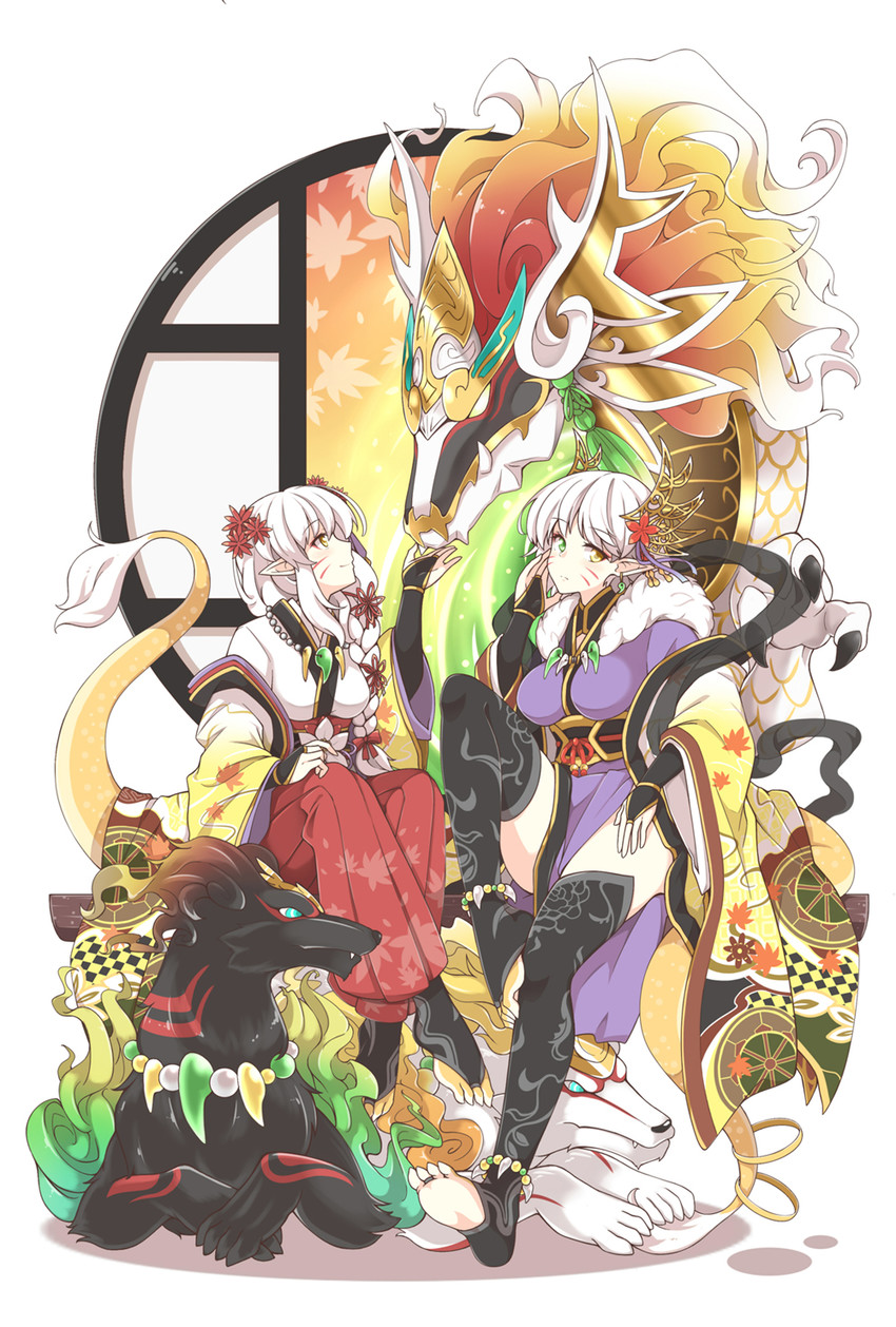kaede, momiji, and yamatsumi dragon (puzzle & dragons) drawn by flan_(zhd91)