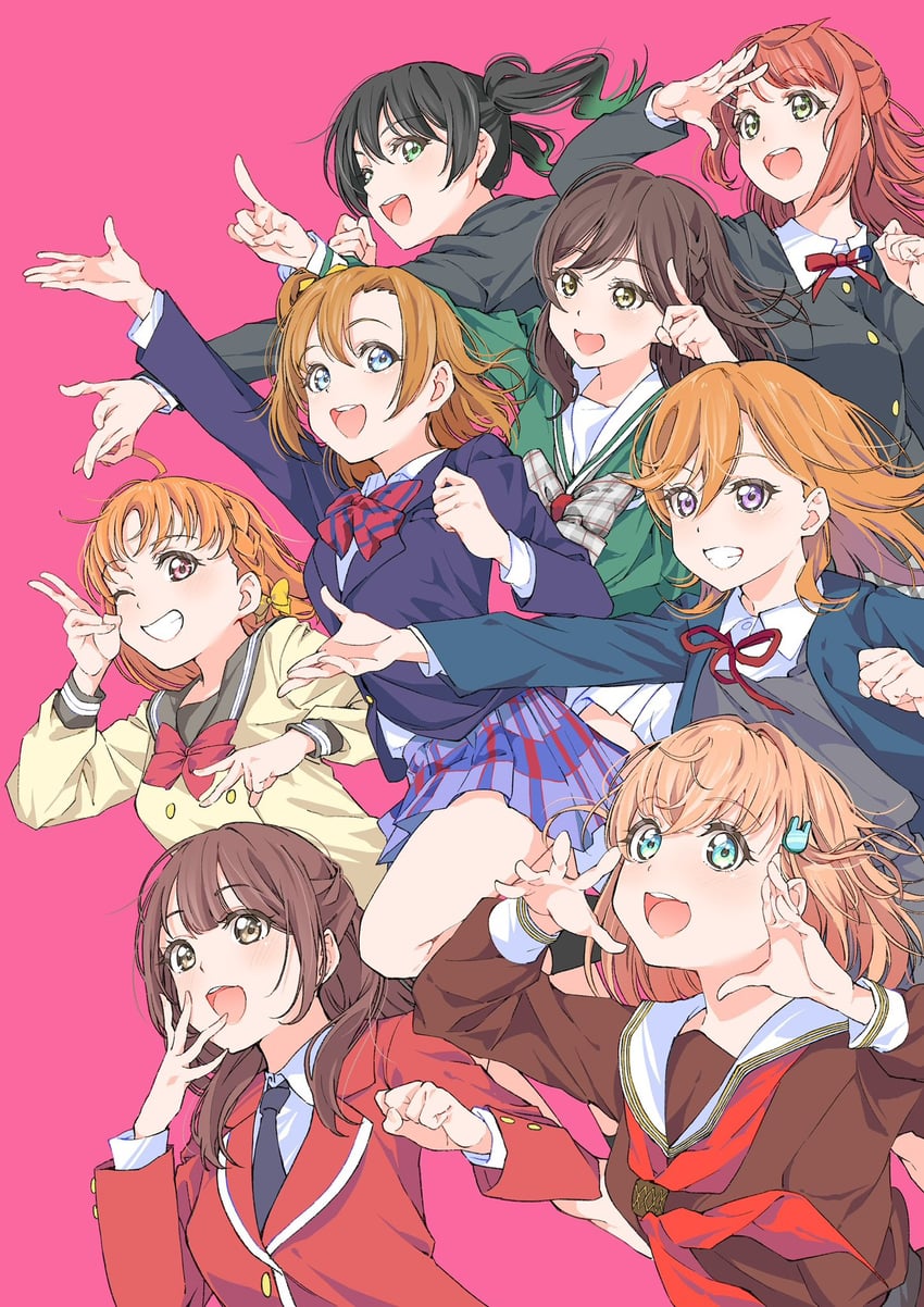 hinoshita kaho, kosaka honoka, takami chika, uehara ayumu, takasaki yu, and 3 more (love live! and 7 more) drawn by ninagawa_jin