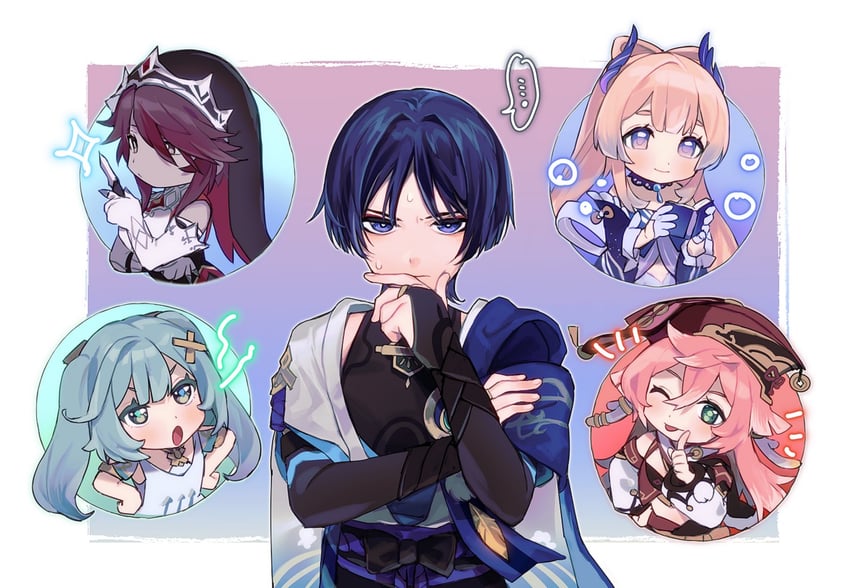 scaramouche, wanderer, sangonomiya kokomi, yanfei, rosaria, and 1 more (genshin impact) drawn by asari_(ikite_oshi)