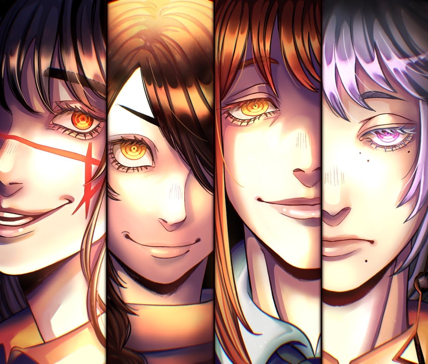 makima, yoru, fami, and nayuta (chainsaw man) drawn by wischkaa