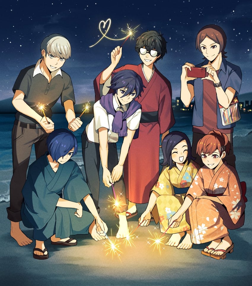 narukami yu, yuuki makoto, amamiya ren, shiomi kotone, suou tatsuya, and 2 more (persona and 8 more) drawn by kuki_tan