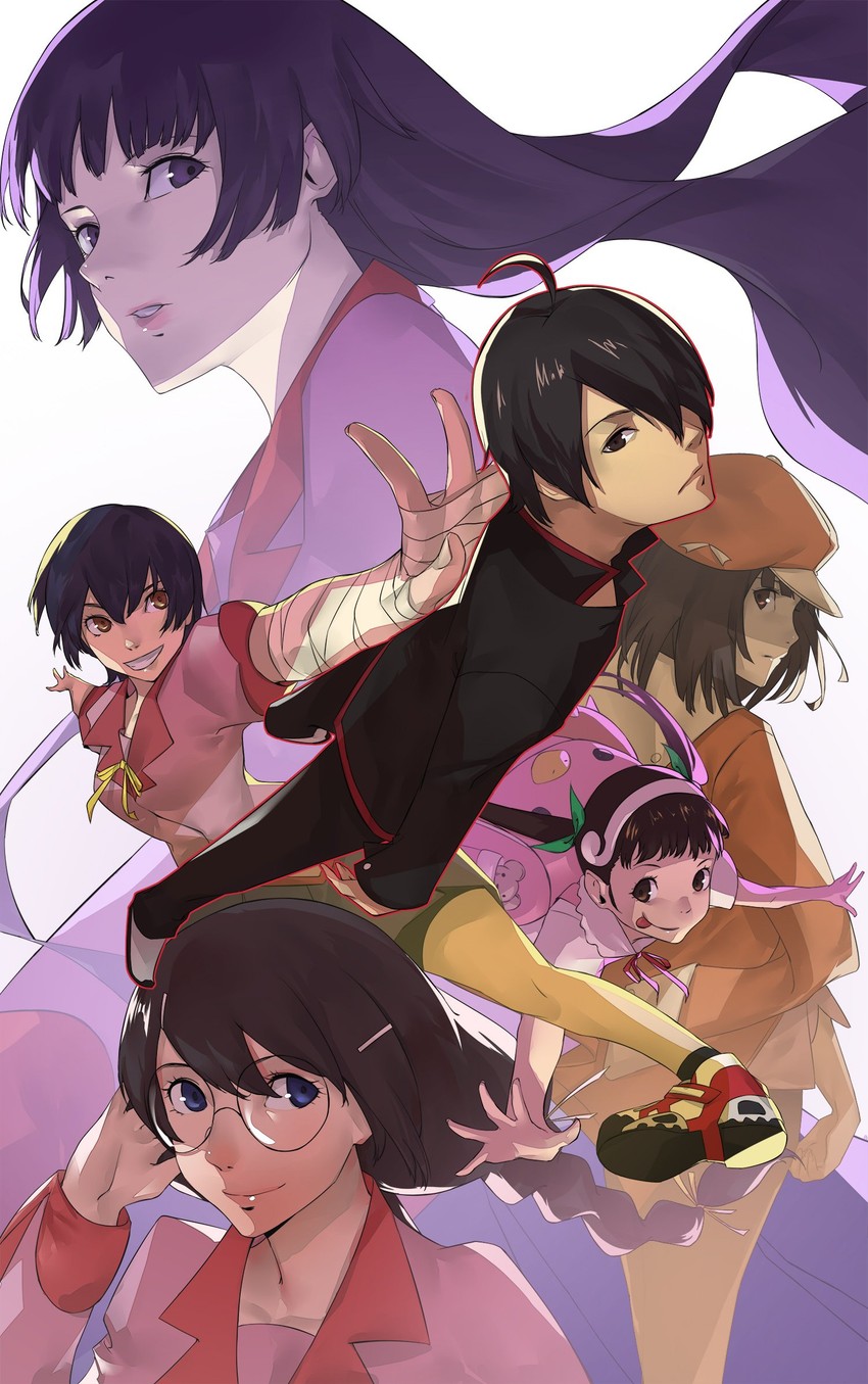 senjougahara hitagi, hanekawa tsubasa, sengoku nadeko, hachikuji mayoi, araragi koyomi, and 1 more (monogatari and 1 more) drawn by blazpu
