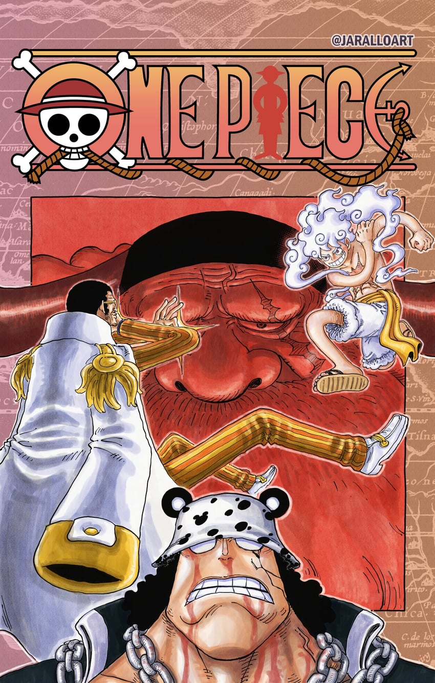 monkey d. luffy, kizaru, bartholomew kuma, and jaygarcia saturn (one piece) drawn by jaralloart