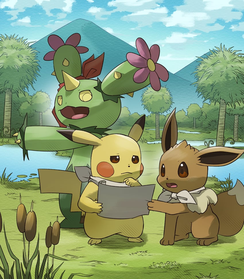 pikachu, eevee, and maractus (pokemon and 1 more) drawn by yamaori_(hakkentai_pokedan)