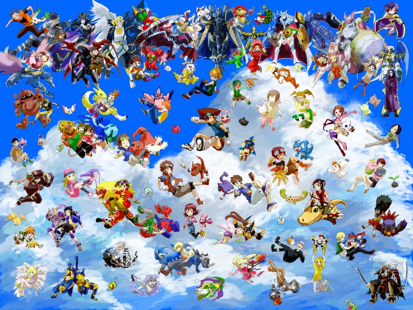 yagami hikari, yagami taichi, renamon, tailmon, tachikawa mimi, and 125 more (digimon and 7 more) drawn by dreamearth