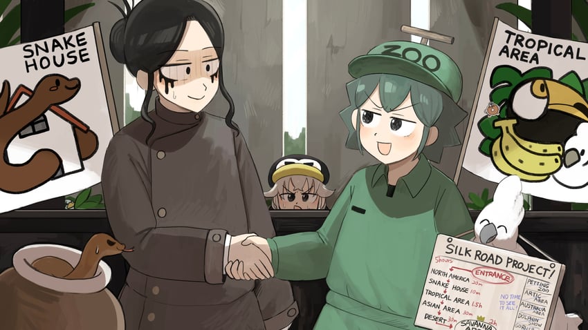 penguin keeper, parrot keeper, and snake keeper (zookeepers) drawn by diva_(hyxpk)