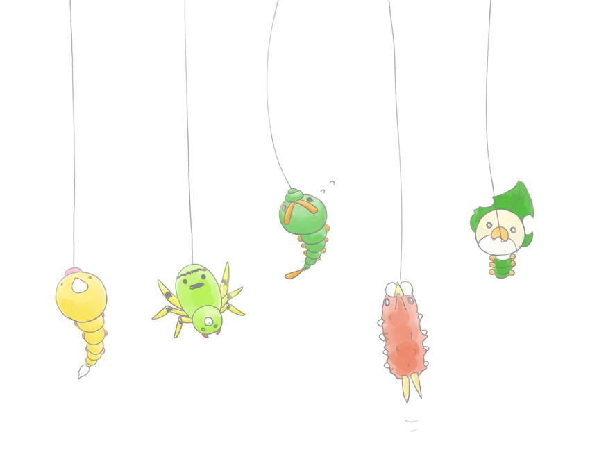 caterpie, weedle, sewaddle, wurmple, and spinarak (pokemon) drawn by kanibentoo