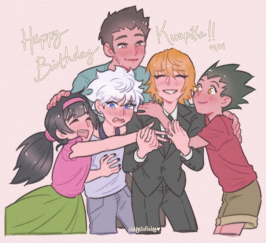 killua zoldyck, kurapika, gon freecss, leorio paladiknight, and alluka zoldyck (hunter x hunter) drawn by abbyslullaby