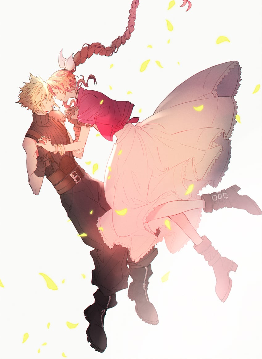 cloud strife and aerith gainsborough (final fantasy and 2 more) drawn by hageee