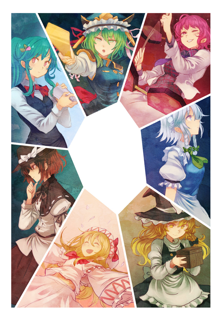 kirisame marisa, izayoi sakuya, hinanawi tenshi, usami renko, shiki eiki, and 2 more (touhou) drawn by terrajin