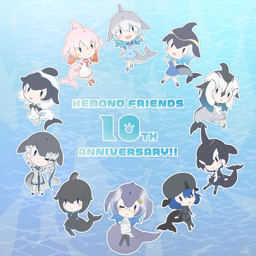 common dolphin, common bottlenose dolphin, narwhal, blue whale, chinese white dolphin, and 5 more (kemono friends) drawn by luichan