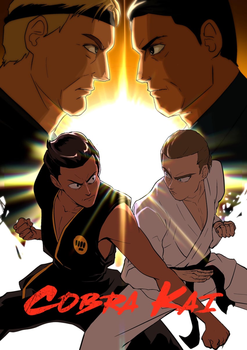 johnny lawrence, daniel larusso, robby keene, and miguel diaz (the karate kid and 1 more) drawn by batm_andrew