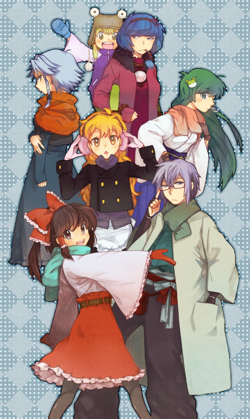 hakurei reimu, kirisame marisa, izayoi sakuya, kochiya sanae, moriya suwako, and 2 more (touhou) drawn by nanonin
