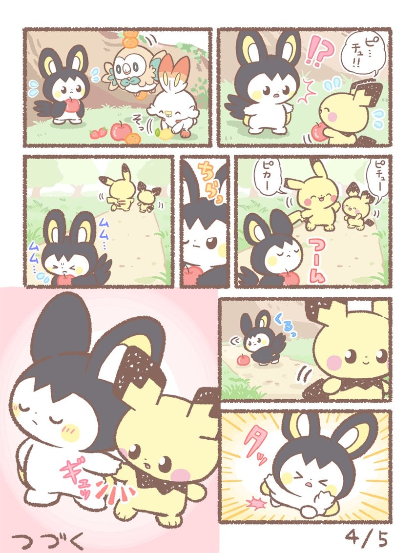 pikachu, rowlet, scorbunny, pichu, and emolga (pokemon)