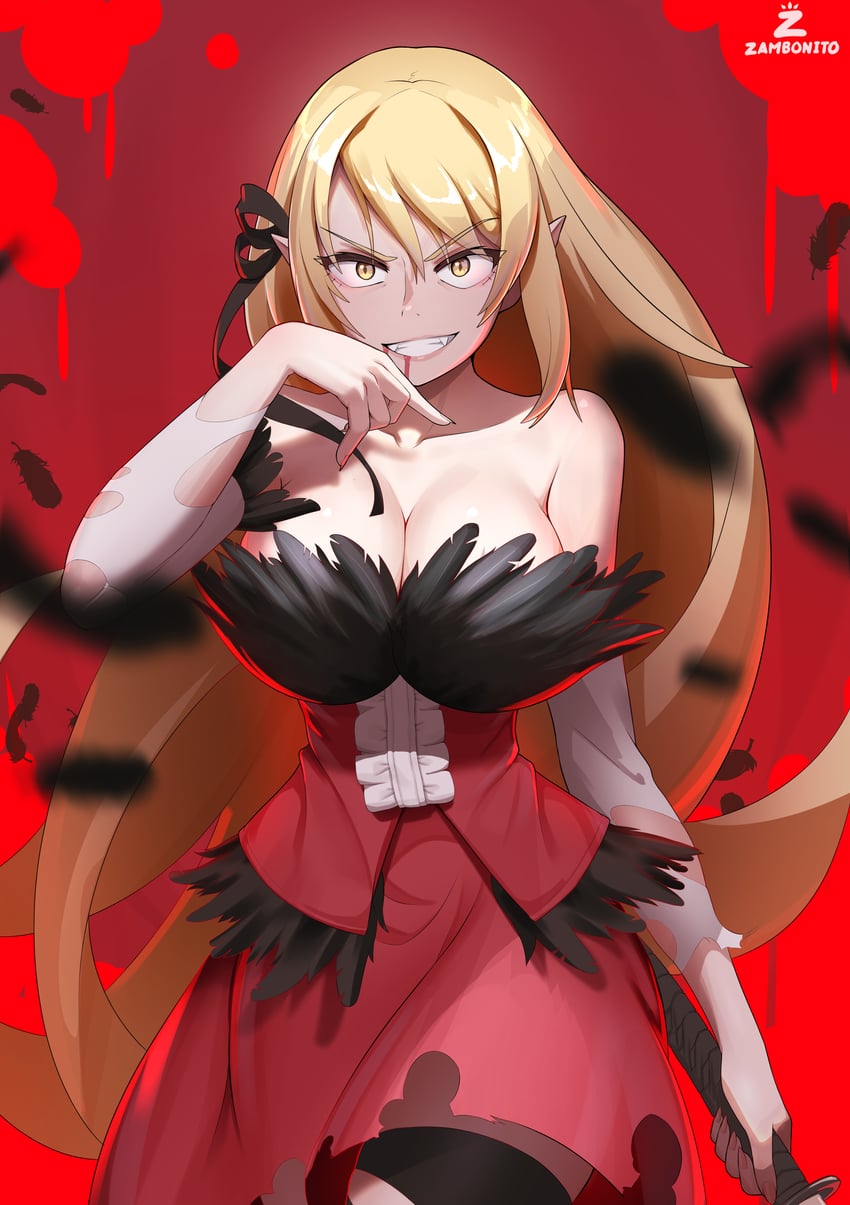 oshino shinobu and kiss-shot acerola-orion heart-under-blade (monogatari and 1 more) drawn by zambonito