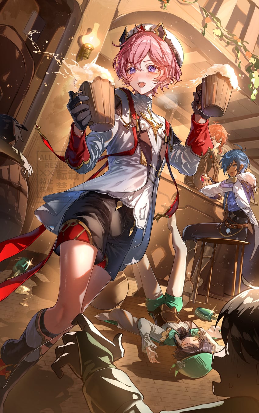 venti, diluc, kaeya, and dahlia (genshin impact) drawn by nero_hanken