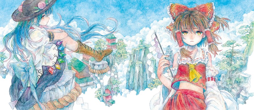 hakurei reimu and hinanawi tenshi (touhou and 1 more) drawn by runta