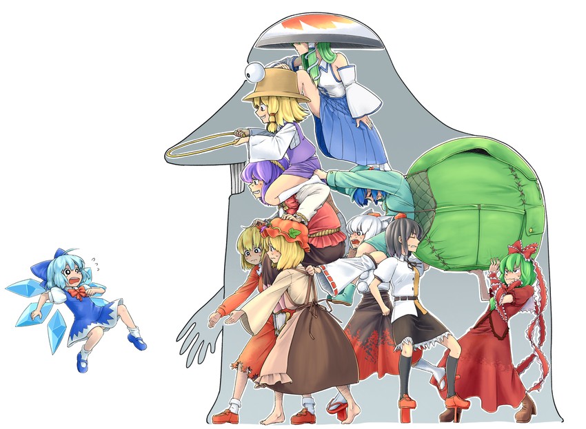 kochiya sanae, cirno, shameimaru aya, inubashiri momiji, moriya suwako, and 6 more (touhou and 2 more) drawn by kanji_(white7night)