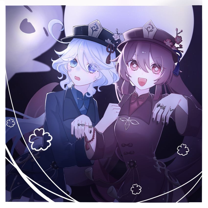 hu tao, furina, and boo tao (genshin impact) drawn by rihane_art