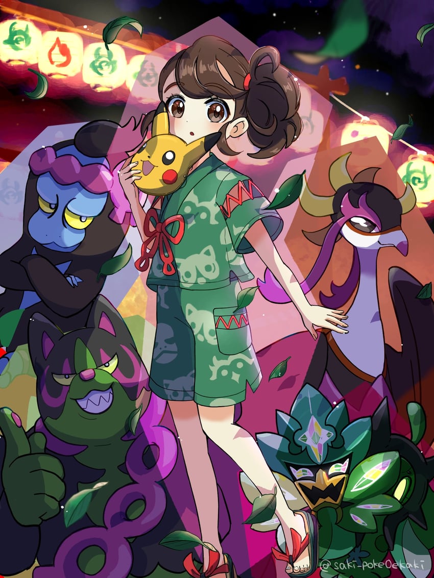 pikachu, juliana, ogerpon, okidogi, fezandipiti, and 1 more (pokemon and 1 more) drawn by saki_pokeoekaki