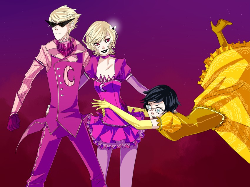 dirk strider, roxy lalonde, jane crocker, and serenity (homestuck) drawn by vonnabeee