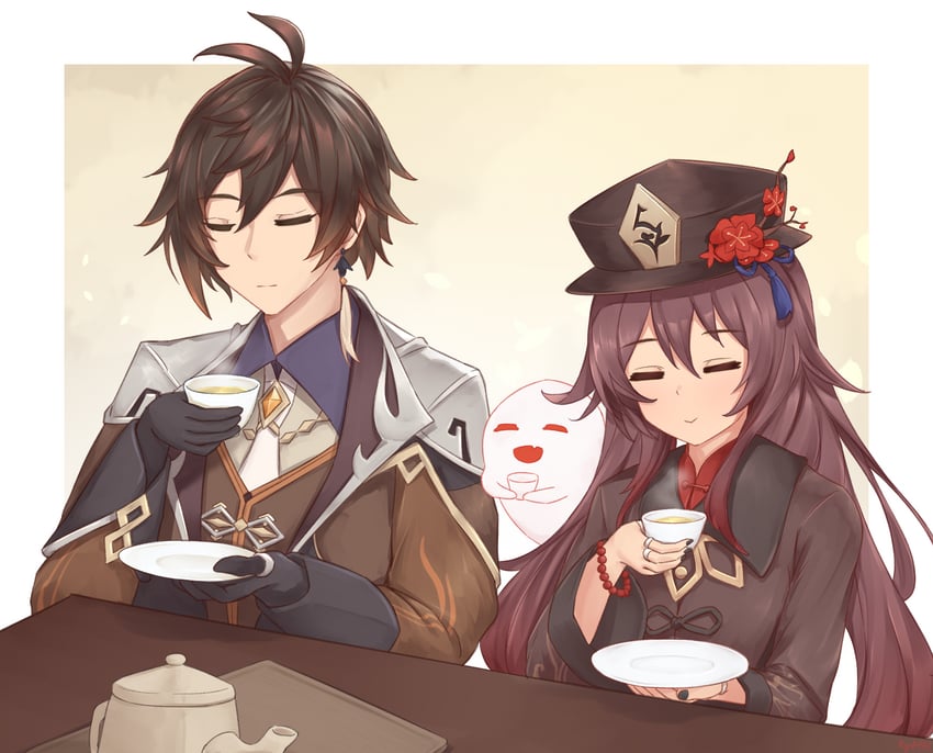 hu tao, zhongli, and boo tao (genshin impact) drawn by kyl490