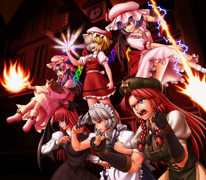 remilia scarlet, flandre scarlet, izayoi sakuya, patchouli knowledge, hong meiling, and 1 more (touhou and 1 more) drawn by daina_rukawa