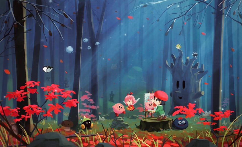 kirby, adeleine, ribbon, gooey, whispy woods, and 10 more (kirby and 2 more) drawn by suyasuyabi