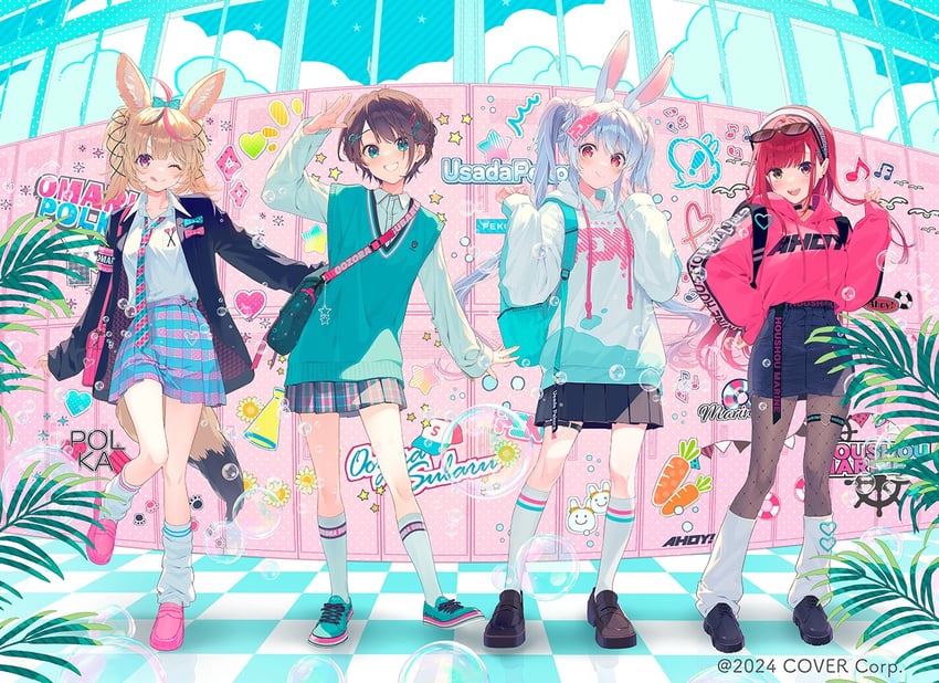 houshou marine, usada pekora, oozora subaru, omaru polka, and pekomon (hololive) drawn by reia
