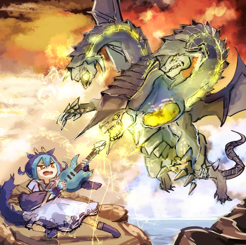 laundry dragonmaid, yngwie malmsteen, and thunder king the lightningstrike kaiju (yu-gi-oh!) drawn by hatano_kiyoshi
