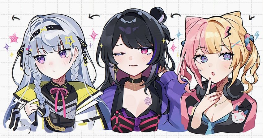 meloco kyoran, kotoka torahime, and zaion lanza (nijisanji and 1 more) drawn by waka_(wk4444)