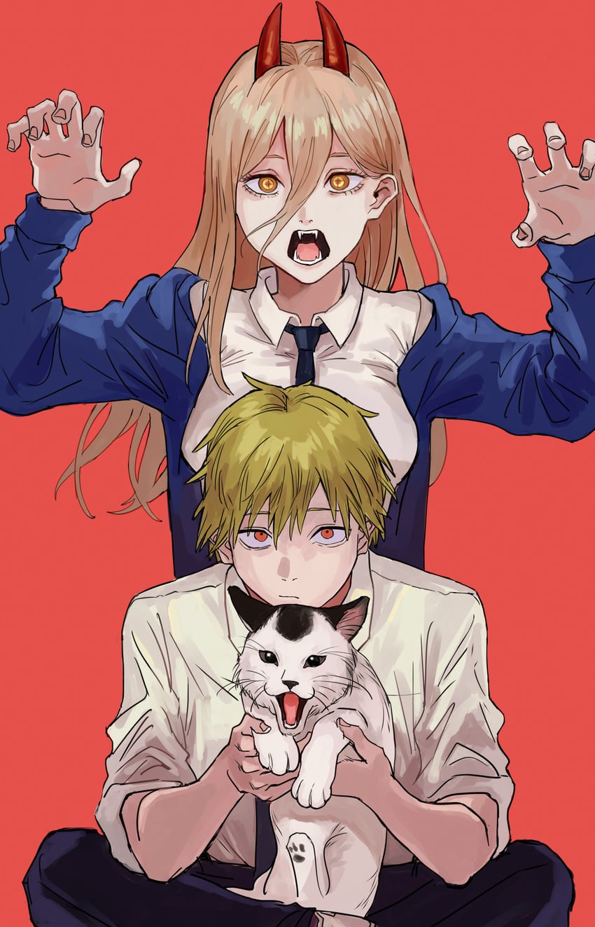 power, denji, and meowy (chainsaw man) drawn by mou_(piooooon)