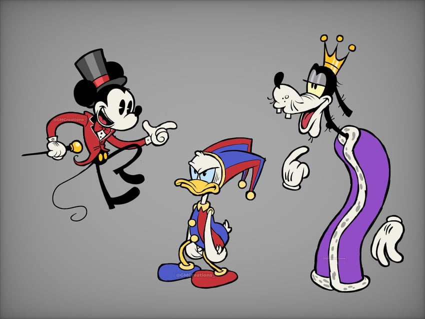 pomni, mickey mouse, donald duck, goofy, caine, and 1 more (mickey mouse & friends and 2 more) drawn by gmcreations