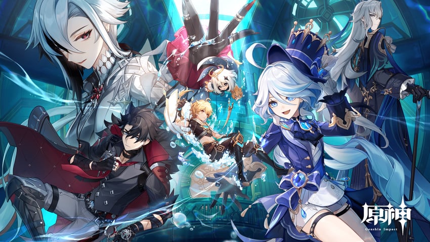 aether, furina, paimon, arlecchino, neuvillette, and 1 more (genshin impact)