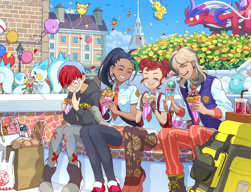 pikachu, juliana, nemona, arven, penny, and 8 more (pokemon and 1 more) drawn by suyu38