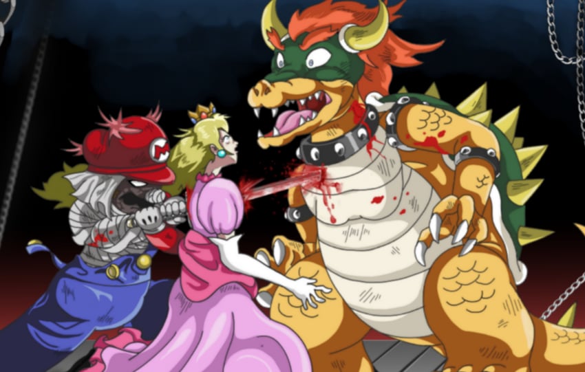 princess peach, mario, bowser, and shishio makoto (mario and 1 more) drawn by mojapene