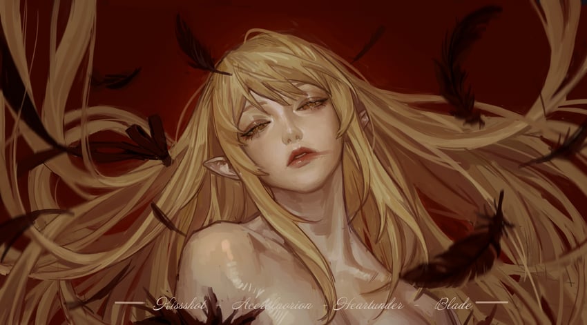 oshino shinobu and kiss-shot acerola-orion heart-under-blade (monogatari) drawn by solipsist