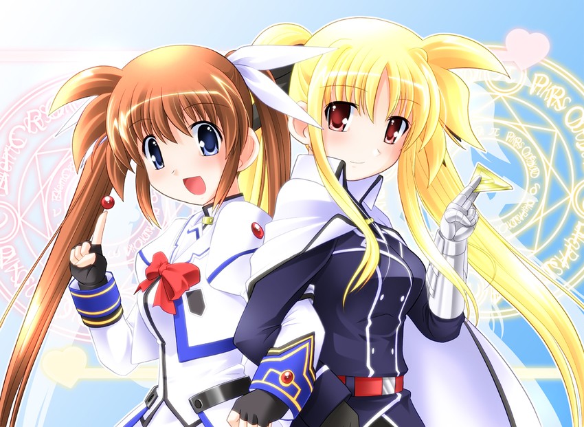 fate testarossa, takamachi nanoha, raising heart, and bardiche (lyrical nanoha and 1 more) drawn by sumeragi_kou