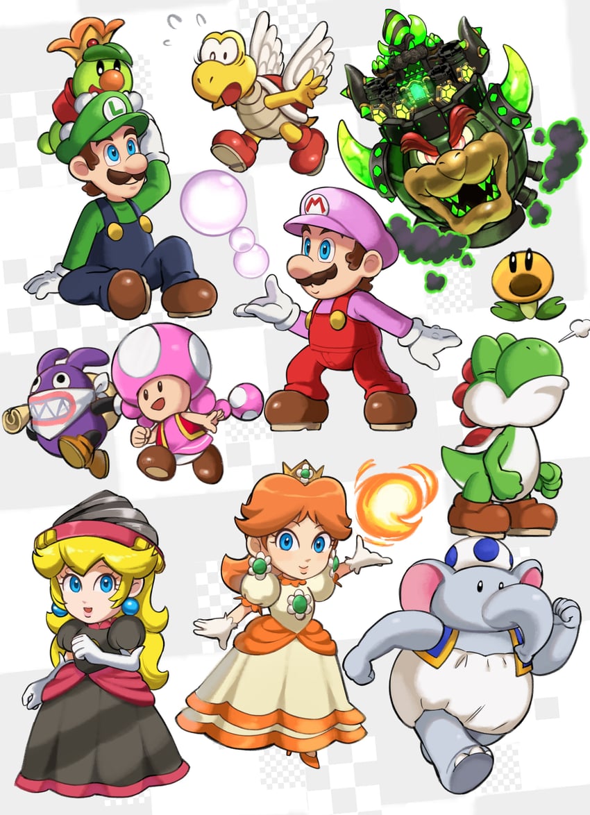 princess peach, mario, luigi, princess daisy, bowser, and 13 more (mario and 1 more) drawn by sasaki_sakiko