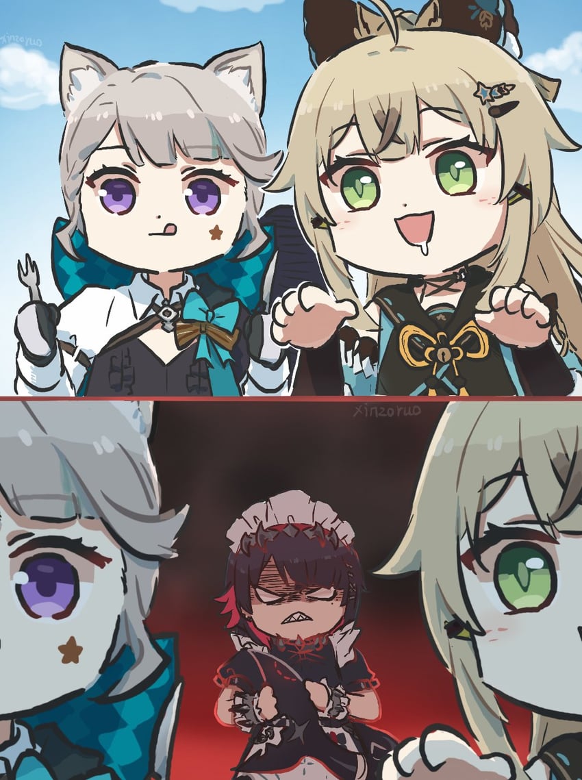 ellen joe, lynette, and kirara (genshin impact and 2 more) drawn by xinzoruo