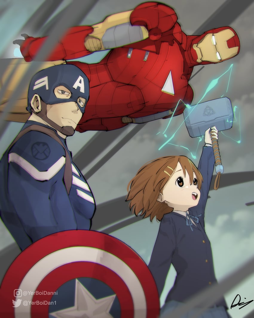 hirasawa yui, steve rogers, captain america, and iron man (k-on! and 4 more) drawn by yerboidan1