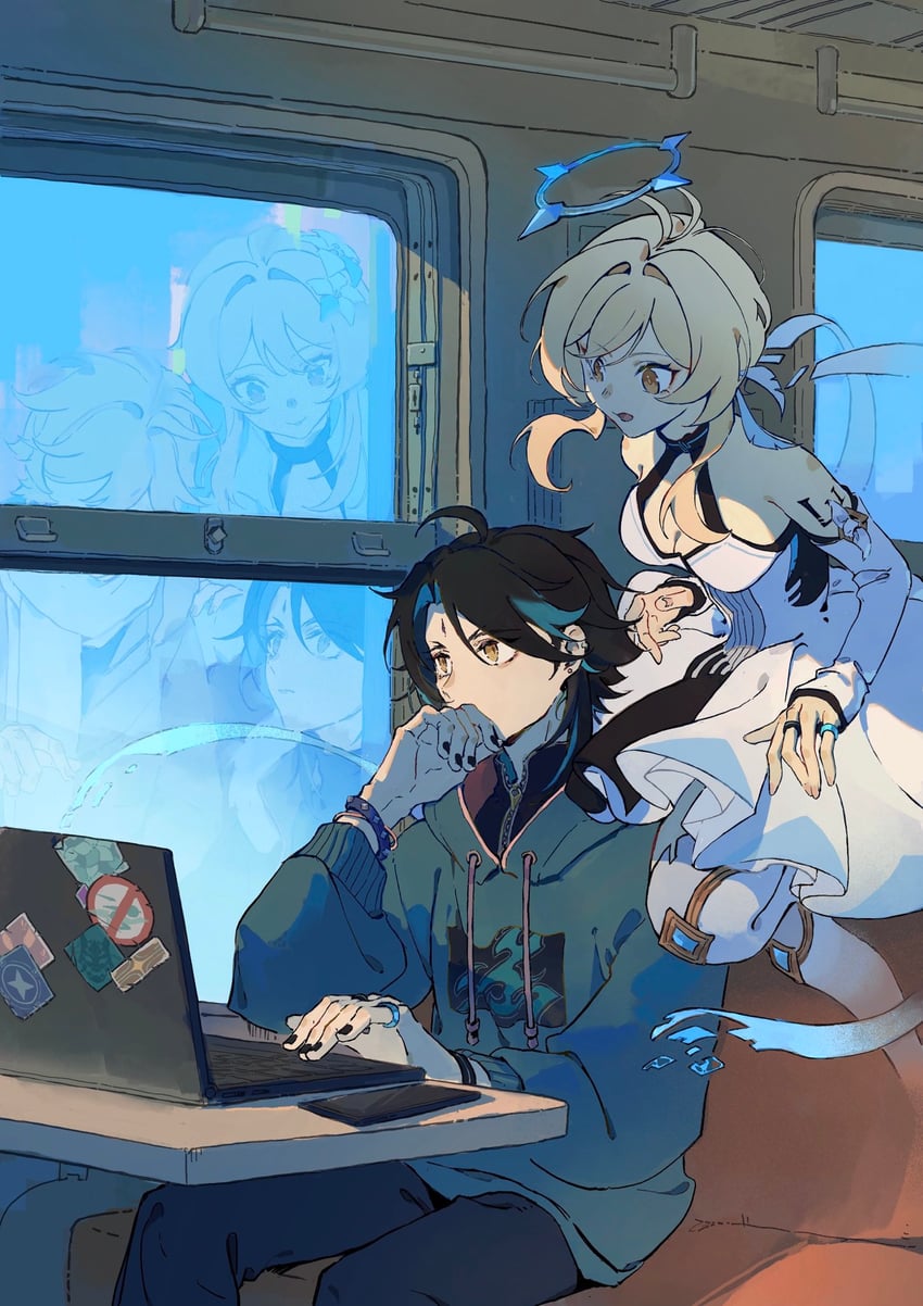 lumine, aether, and xiao (genshin impact) drawn by n.s.egg