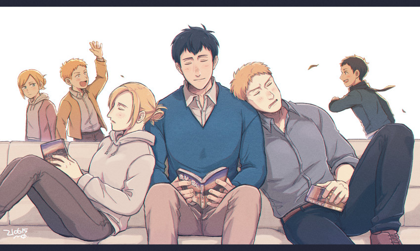 reiner braun, annie leonhart, and bertolt hoover (shingeki no kyojin) drawn by midooka_(o_k_k)