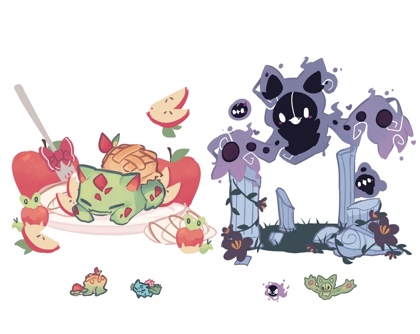 ivysaur, gastly, applin, reuniclus, solosis, and 2 more (original and 1 more) drawn by charamells