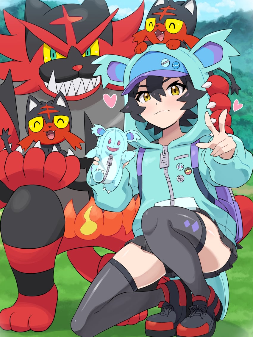 litten, incineroar, nidothing, and nyabiko (pokemon and 1 more) drawn by pokemoa