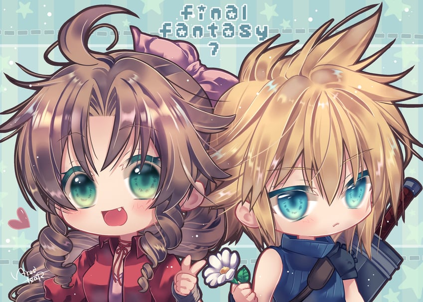 cloud strife and aerith gainsborough (final fantasy and 1 more) drawn by arestear0701