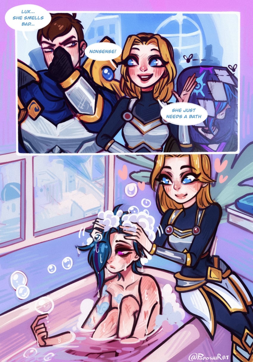 jinx, lux, garen, and arcane fractured jinx (league of legends and 1 more) drawn by poposhirat